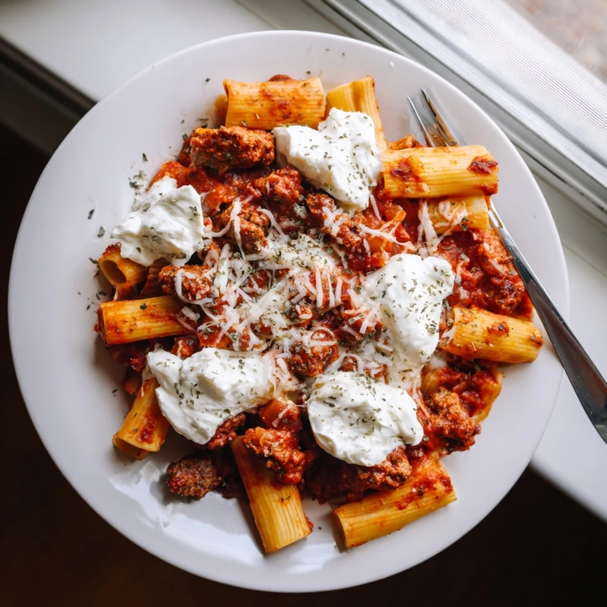 Hearty slow cooker baked ziti featuring ziti noodles, savory sausage, and three cheese blend