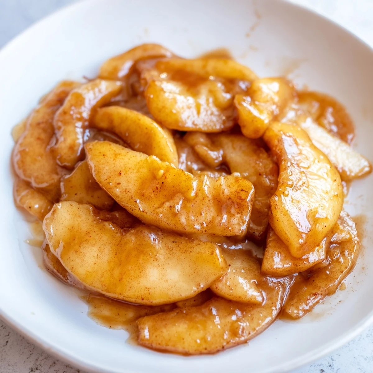 Golden tender apple slices swim in rich cinnamon syrup after Instant Pot cooking