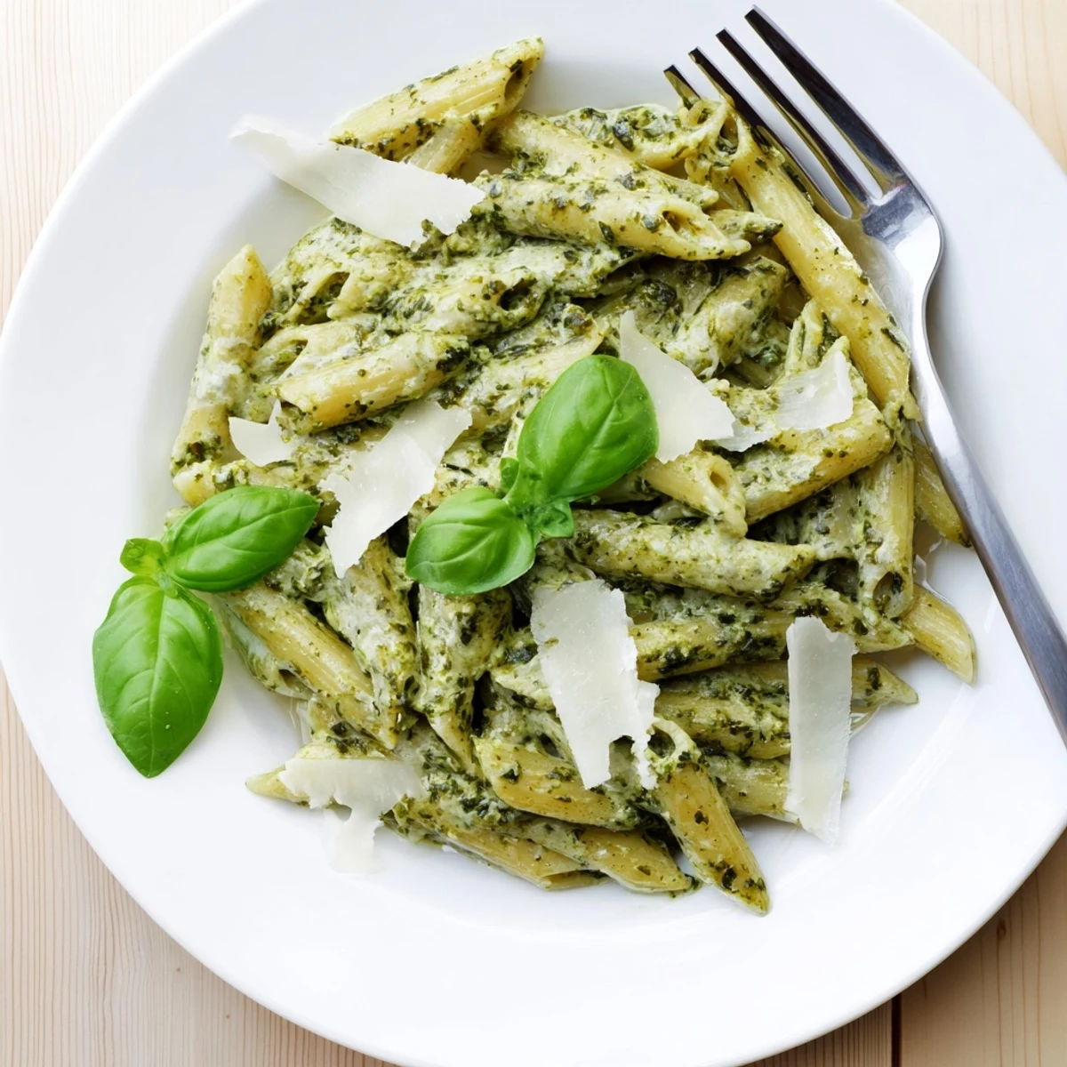 Plate of creamy pesto pasta featuring tender noodles in a vibrant green basil cream sauce