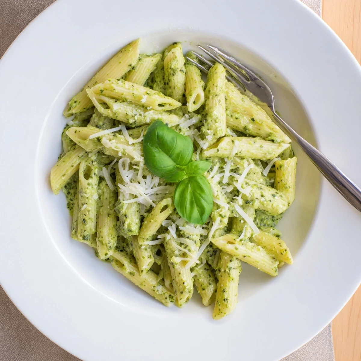 Steaming bowl of creamy pesto pasta topped with fresh basil leaves and extra Parmesan