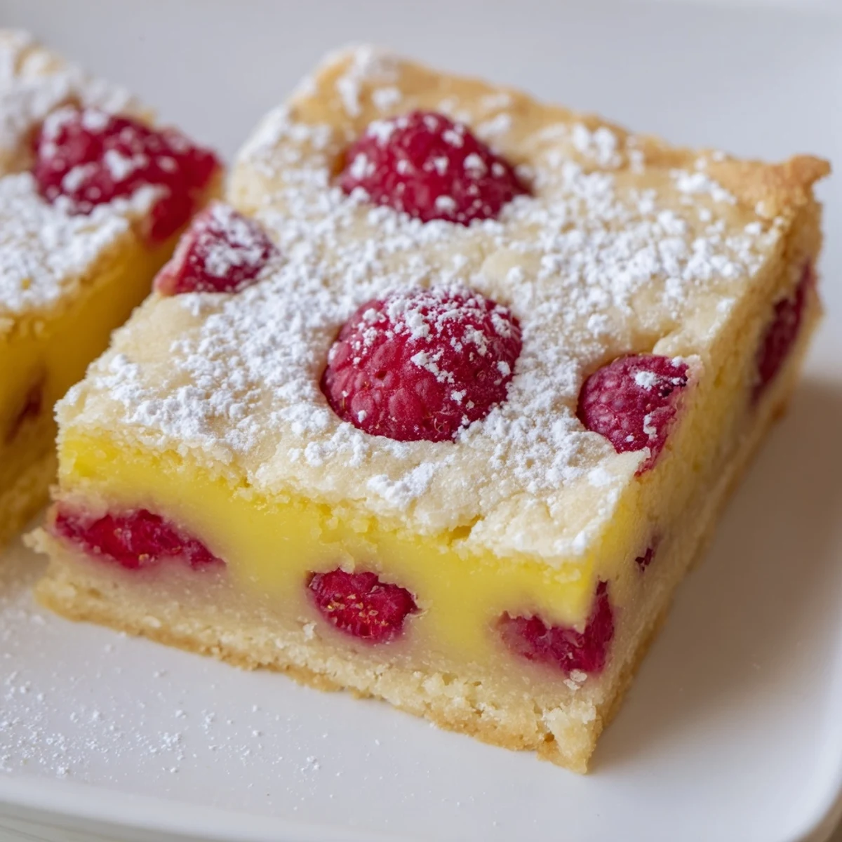 Golden lemon raspberry bars sliced on a white plate with powdered sugar dusting