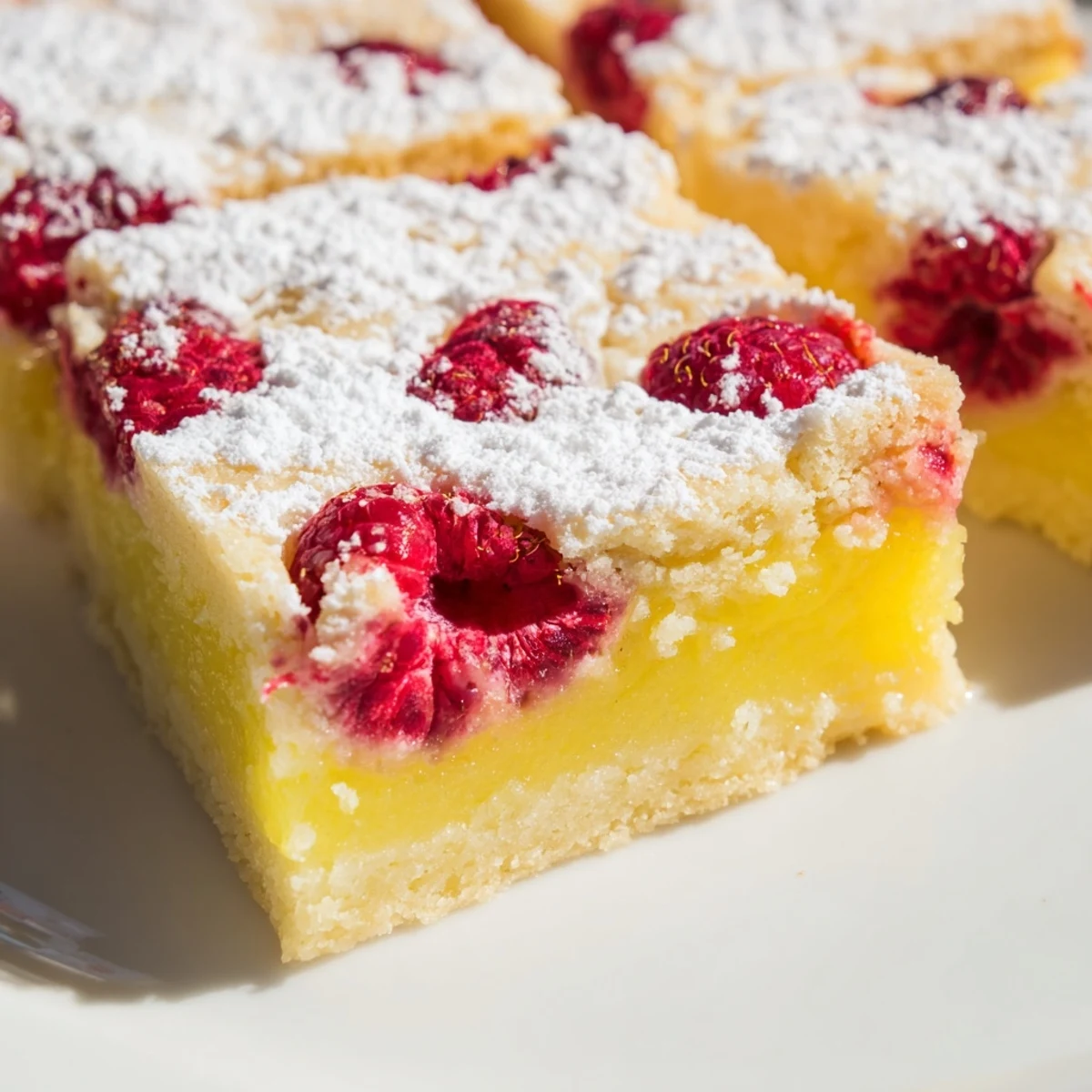 Buttery shortbread crust topped with bright red raspberries and tangy yellow lemon curd filling
