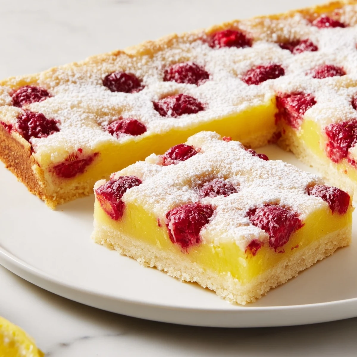 Fresh baked lemon raspberry bars cooling on a wire rack with scattered raspberries nearby