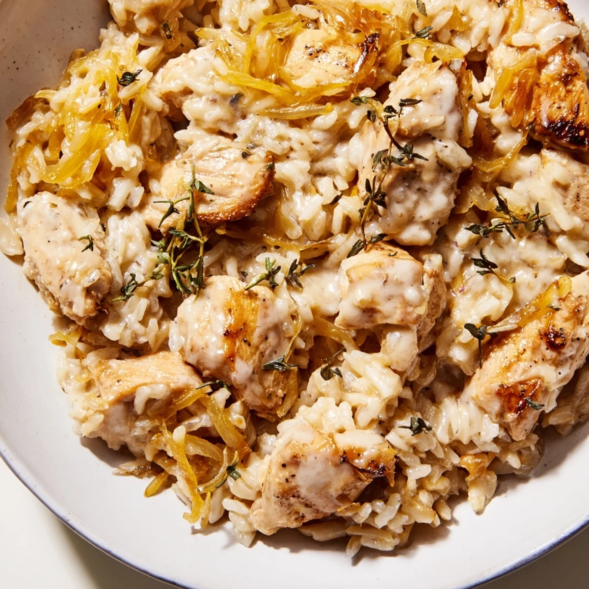 Caramelized onions and tender chicken simmered together in this rich French onion chicken rice one-pot meal