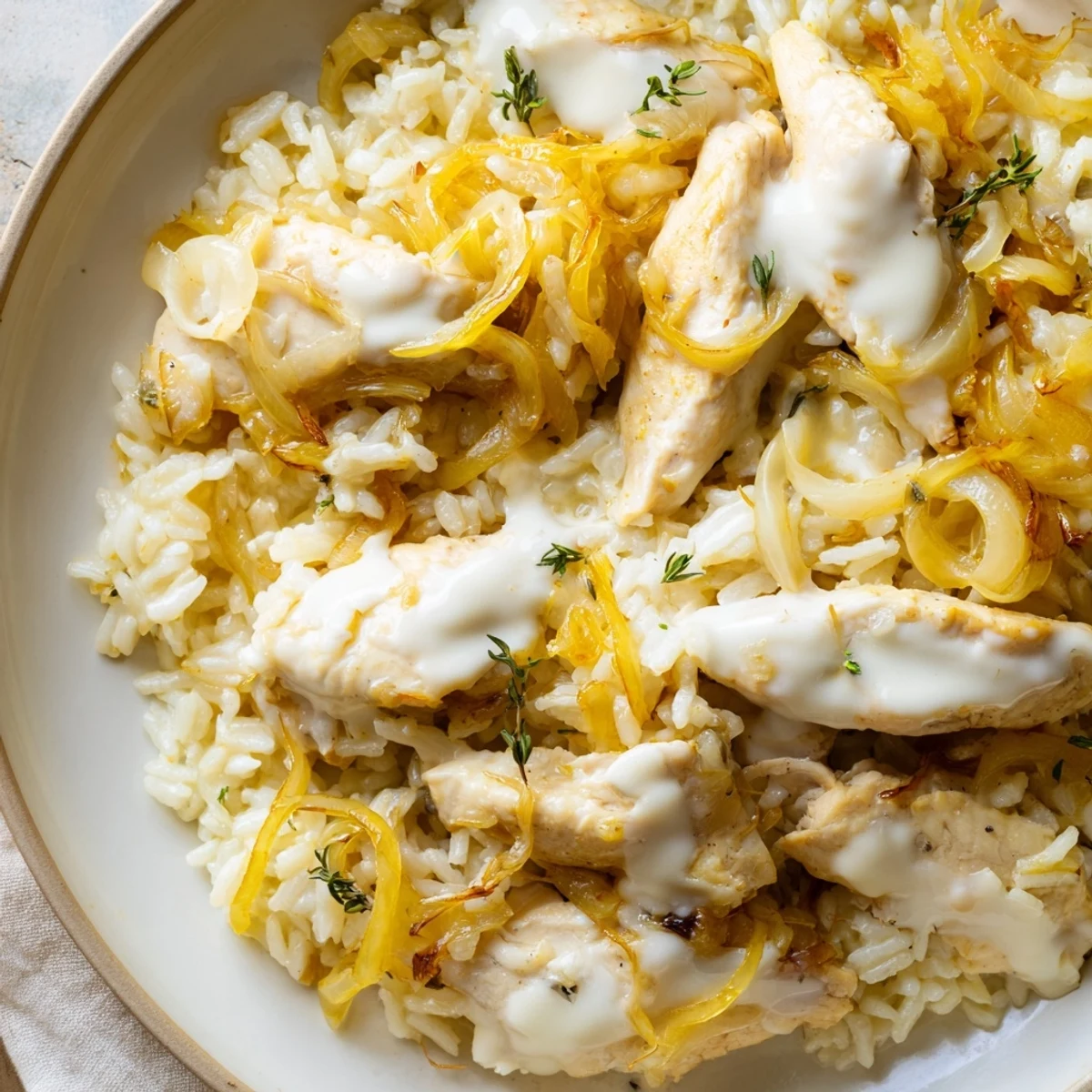 Spoonful of creamy French onion chicken rice showing shredded Swiss cheese and perfectly cooked rice grains