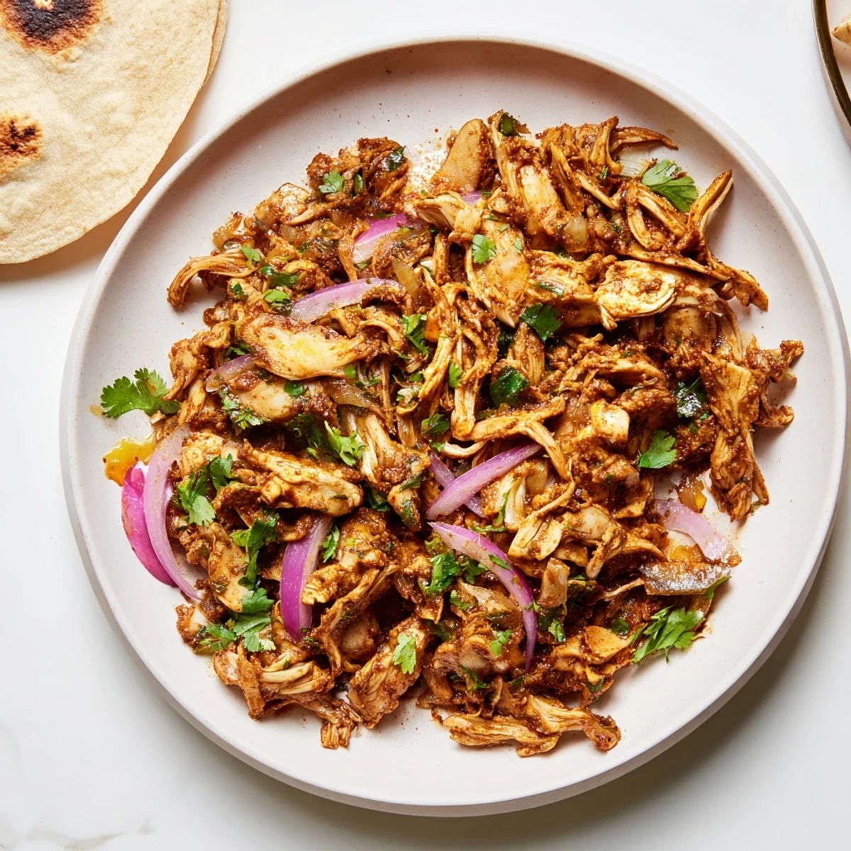 Golden brown vegan carnitas with shredded mushrooms piled in a warm corn tortilla