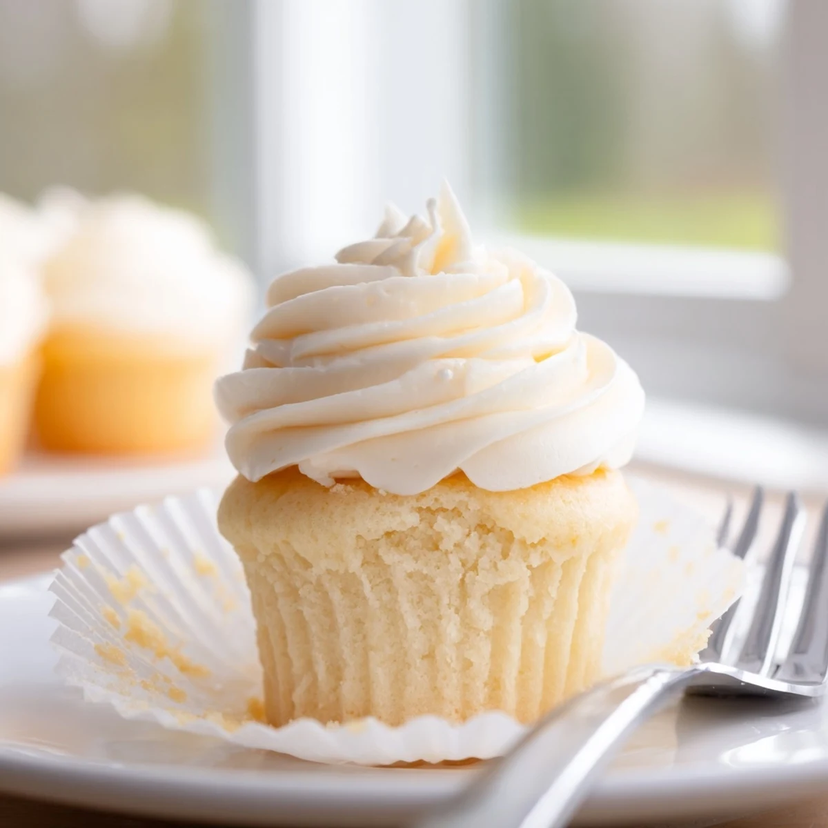 Golden vanilla cupcakes topped with fluffy white buttercream frosting on a white plate