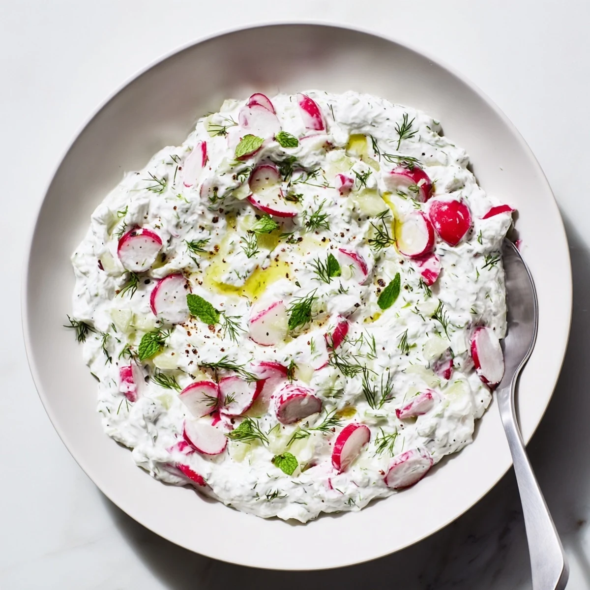 Creamy healthy radish tzatziki dip topped with fresh dill and served with crisp vegetable crudités