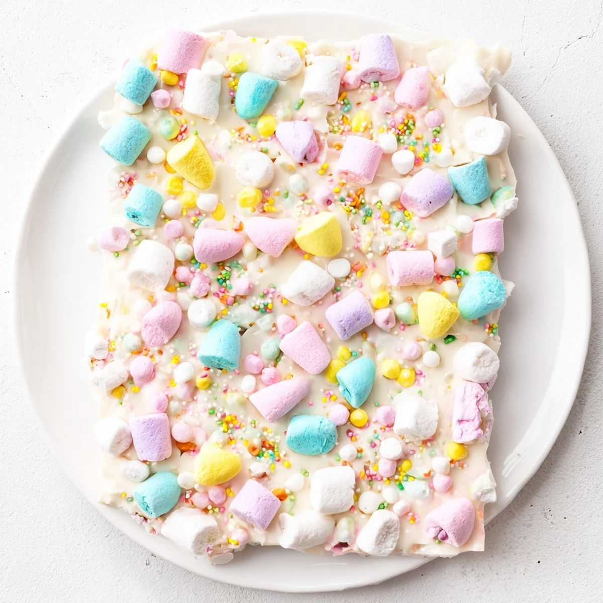 Festive Easter marshmallow bark with colorful marshmallows melted into smooth white chocolate