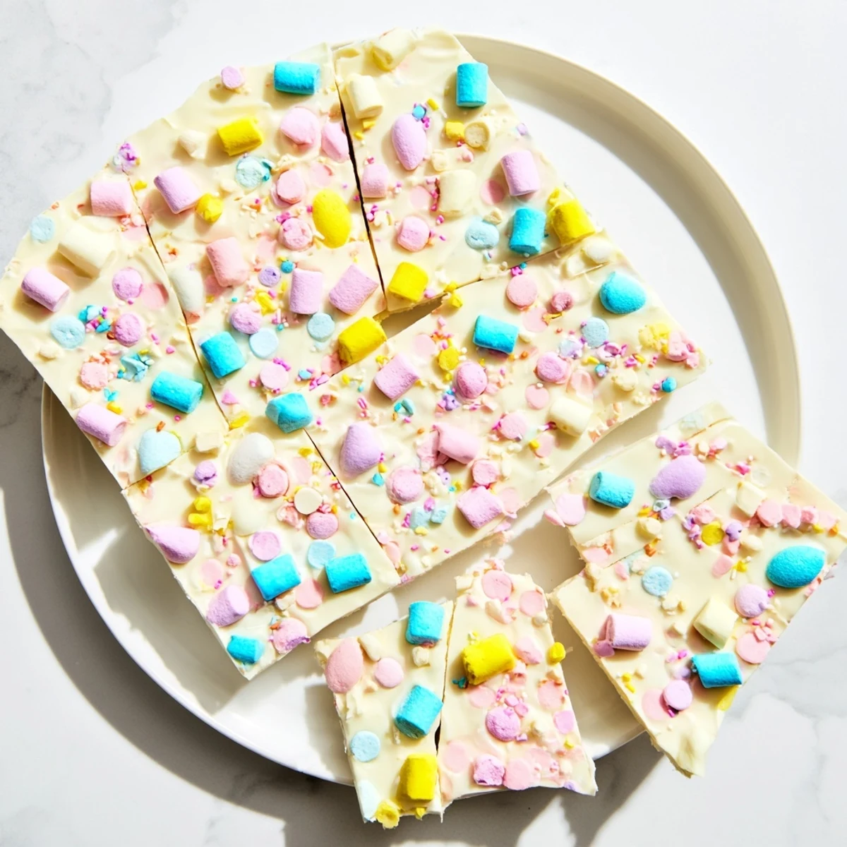 Creamy white chocolate Easter marshmallow bark topped with pastel candy eggs and sprinkles