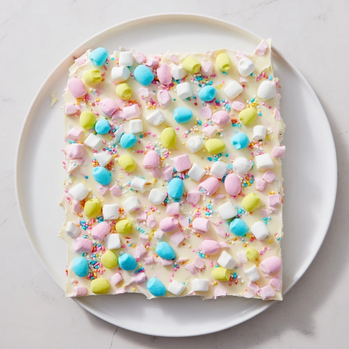 Hand-broken pieces of Easter marshmallow bark decorated with pastel sprinkles and candy eggs