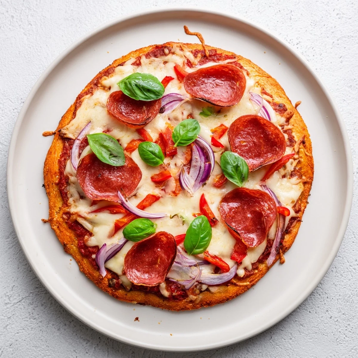 Homemade crispy chicken crust pizza topped with colorful vegetables and bubbling cheese fresh from oven