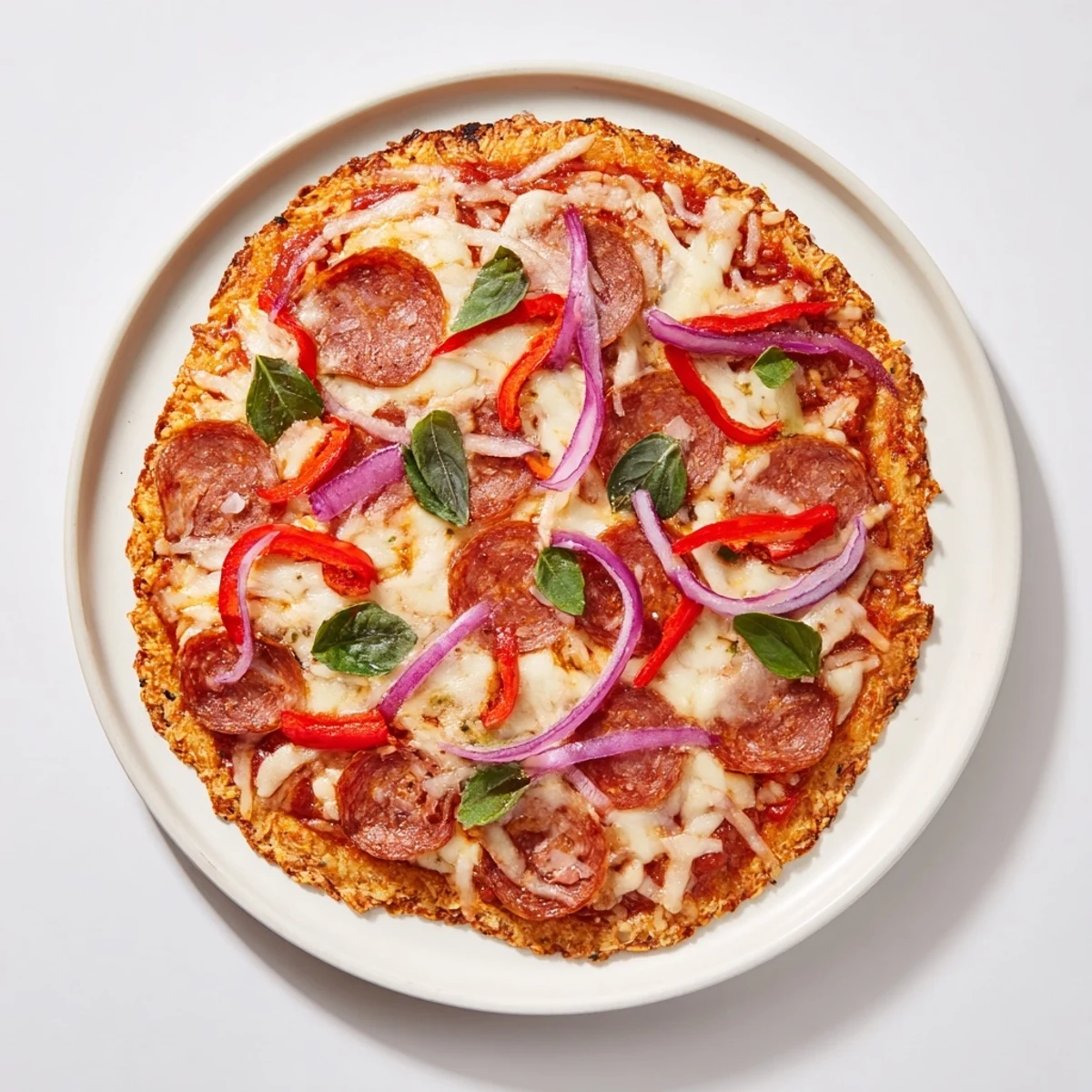 Low carb crispy chicken crust pizza featuring golden base with classic pizza toppings and basil garnish