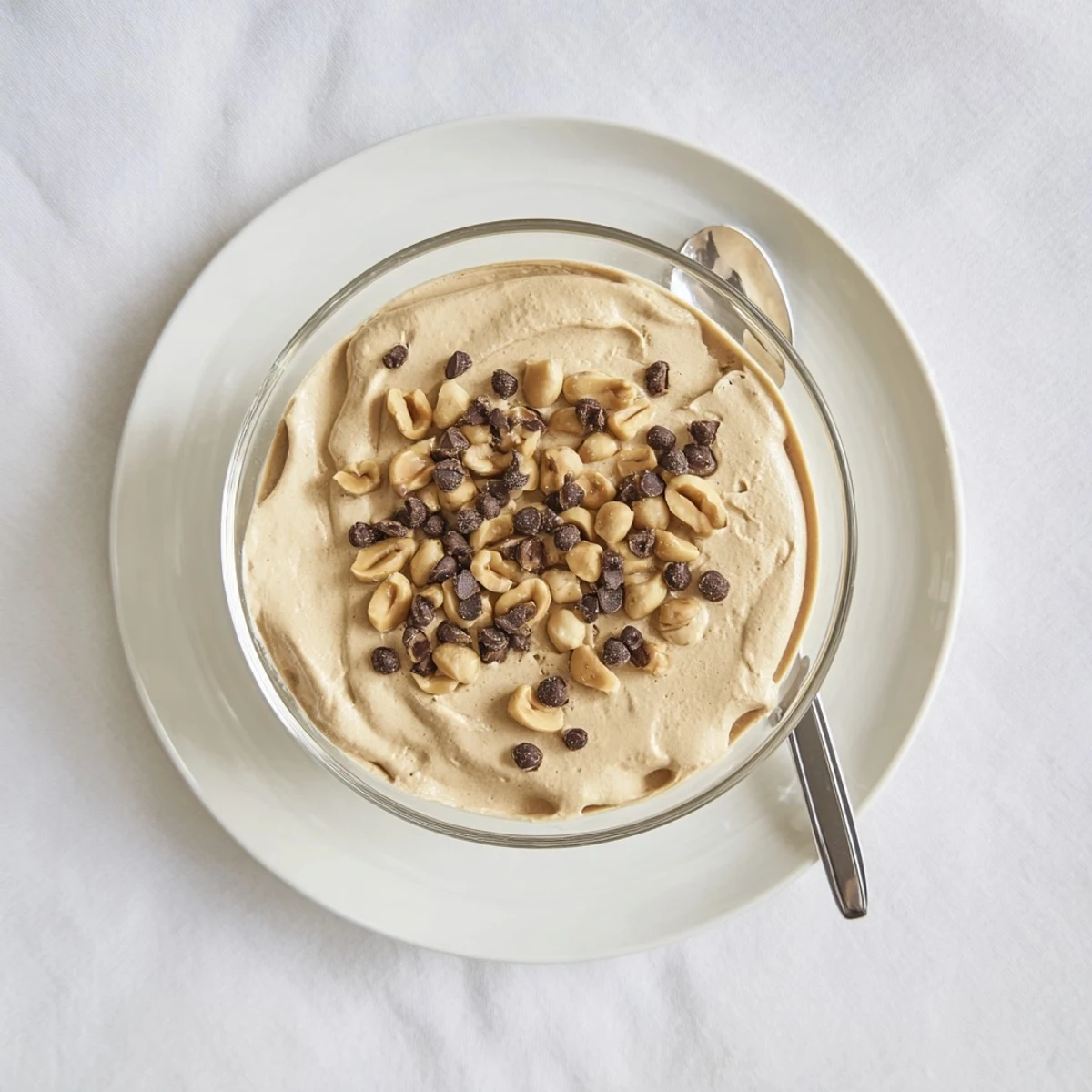 Creamy peanut butter and Cool Whip mousse topped with chocolate chips in a clear glass serving dish