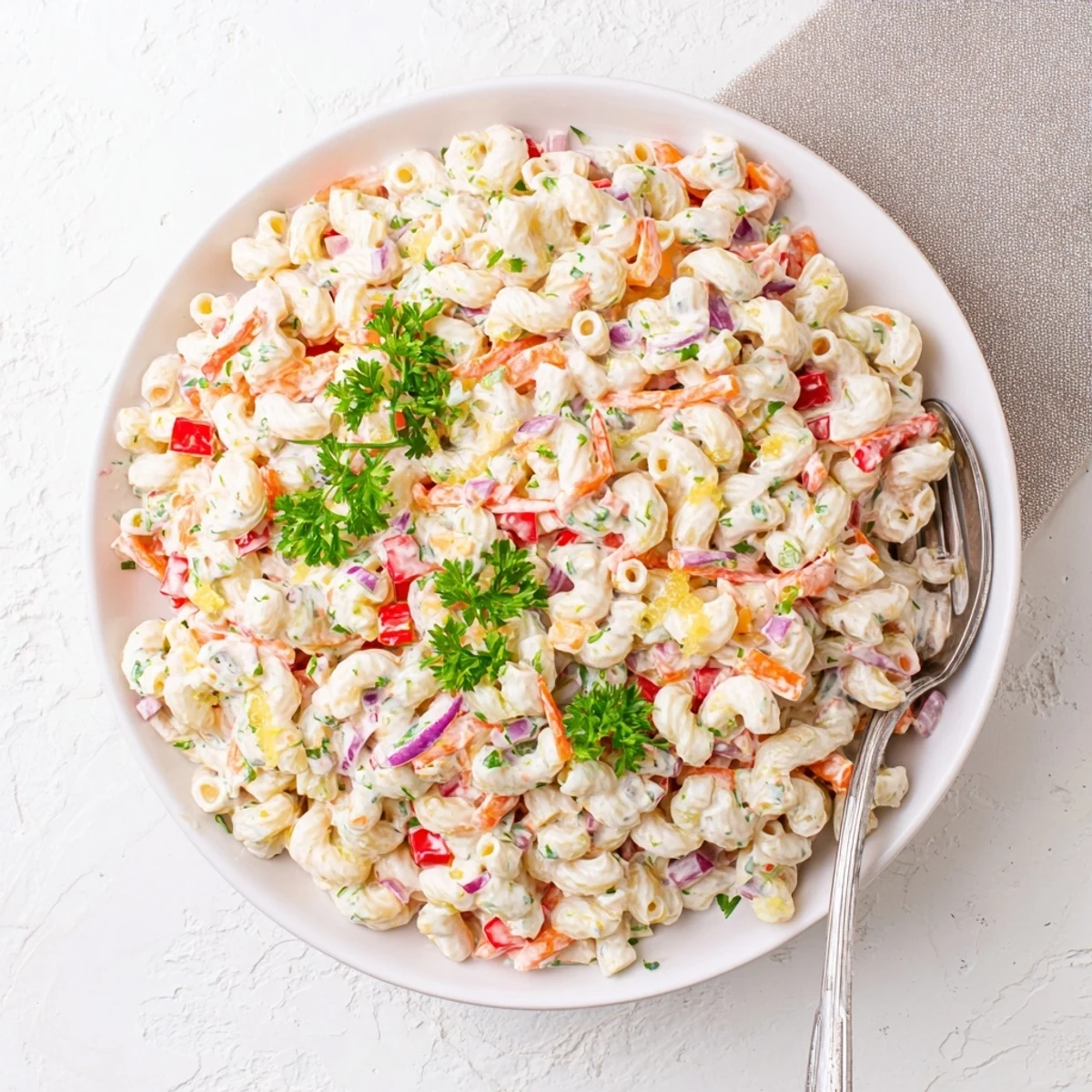 Creamy tangy macaroni salad with colorful diced vegetables in a white serving bowl