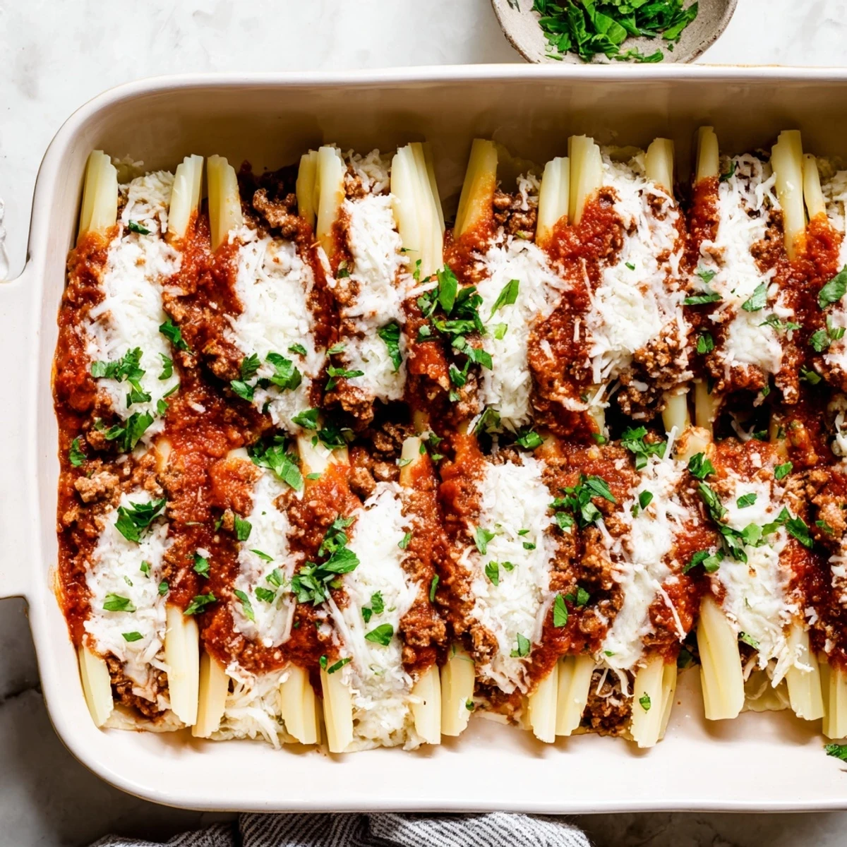 Golden bubbly cheesy stuffed manicotti pasta swimming in rich homemade meat sauce