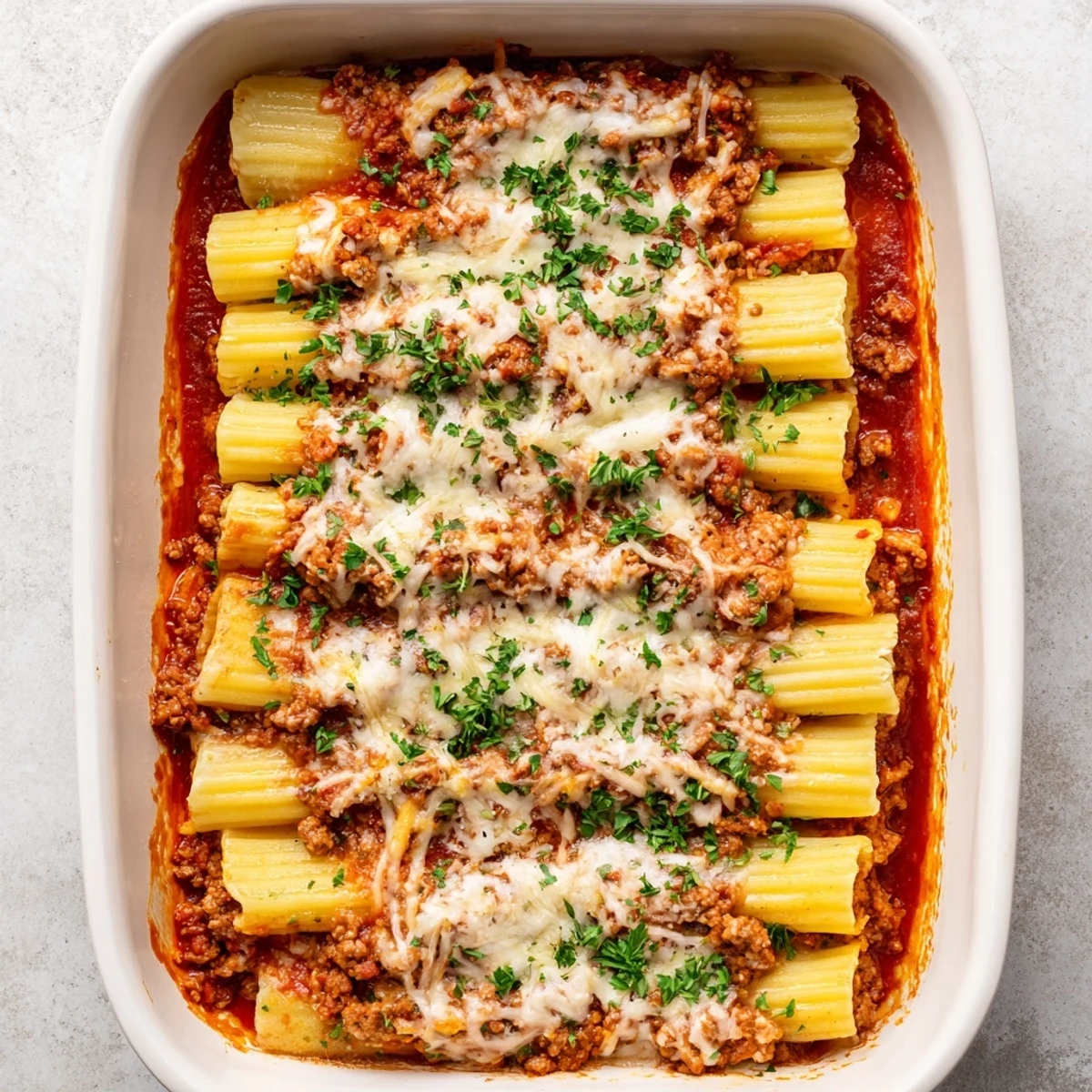 Baked Italian cheesy stuffed manicotti dish garnished with fresh herbs and tomato sauce