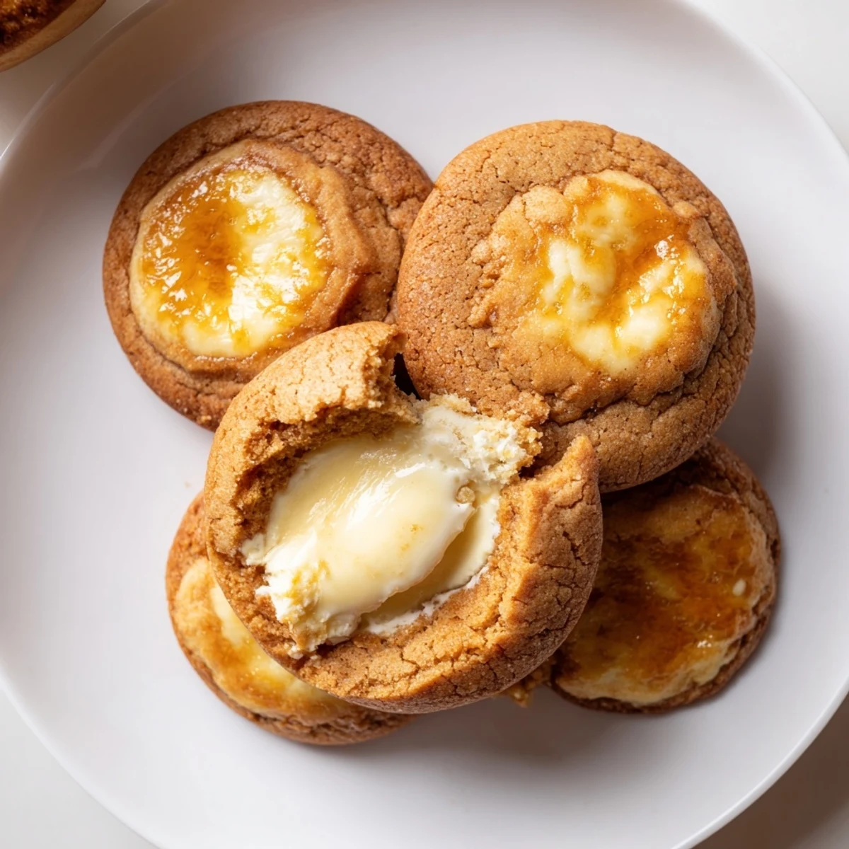 Soft baked creme brulee cookies with cracked sugar crust and smooth cream cheese filling