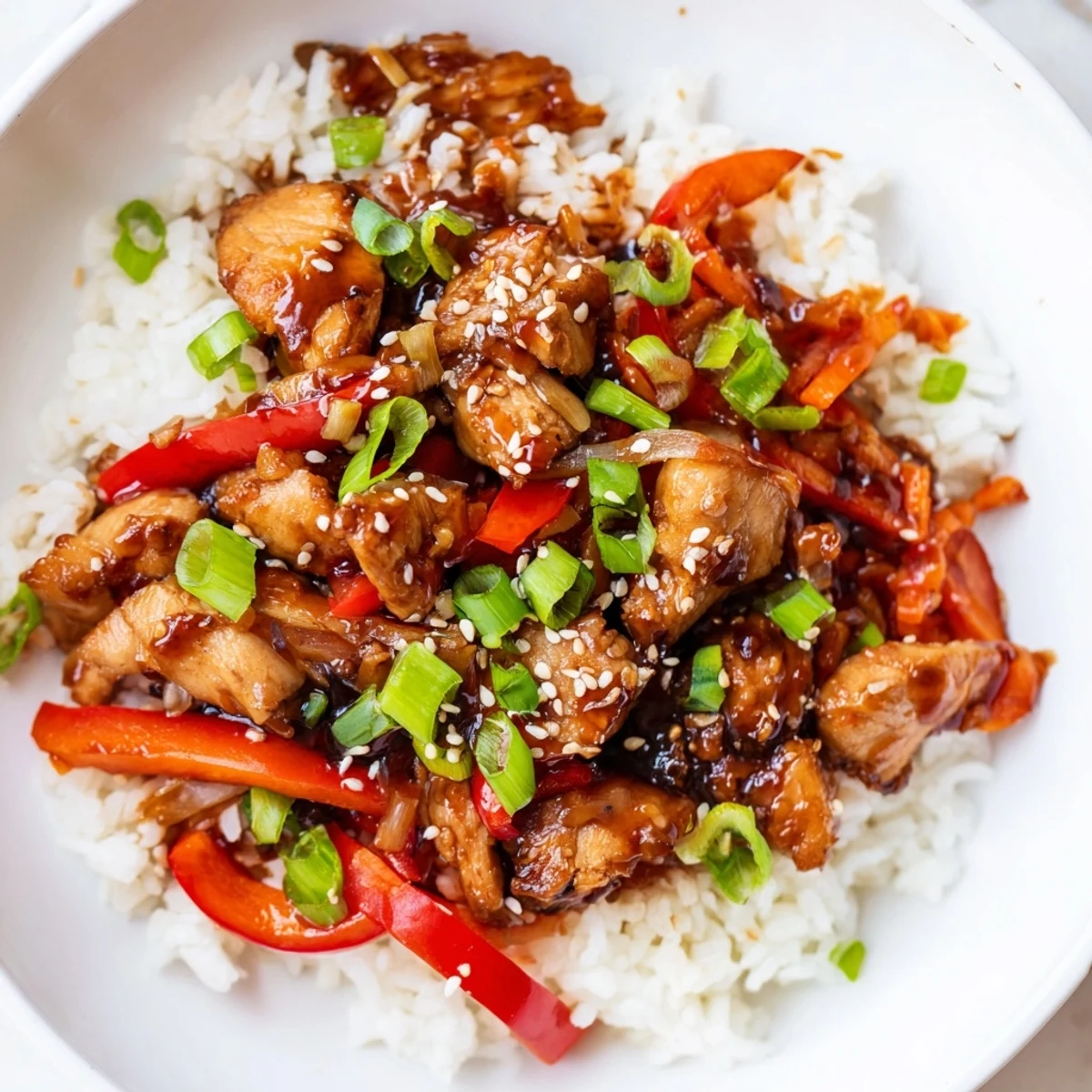One Pan Korean BBQ Chicken and Rice served in a cast iron skillet with sesame garnish