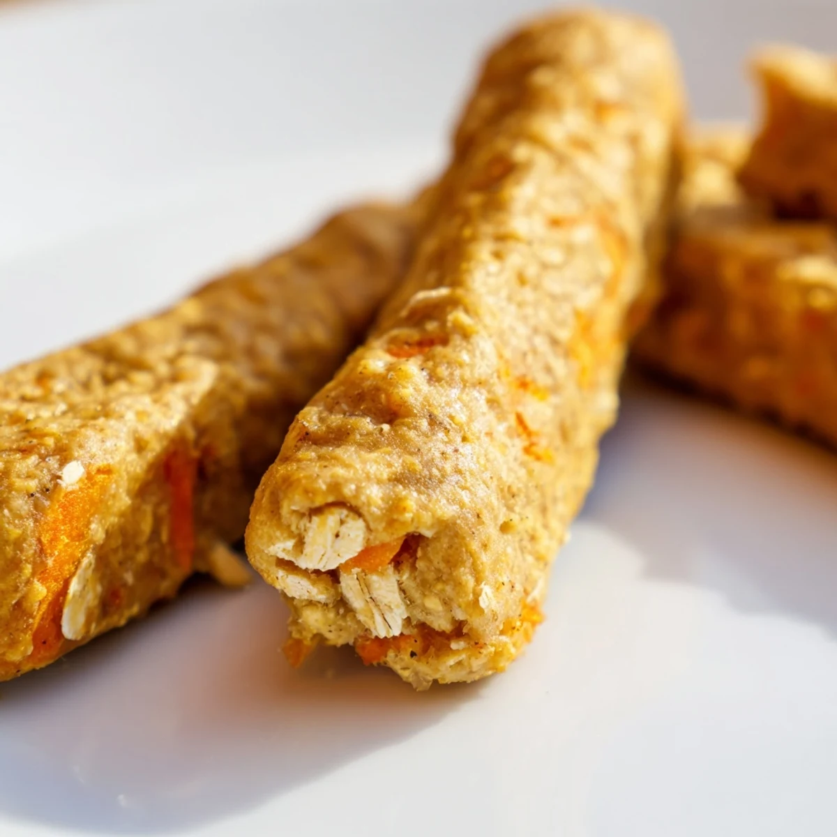 Crunchy homemade apple and carrot dog chew sticks cooling on a baking sheet ready for pups