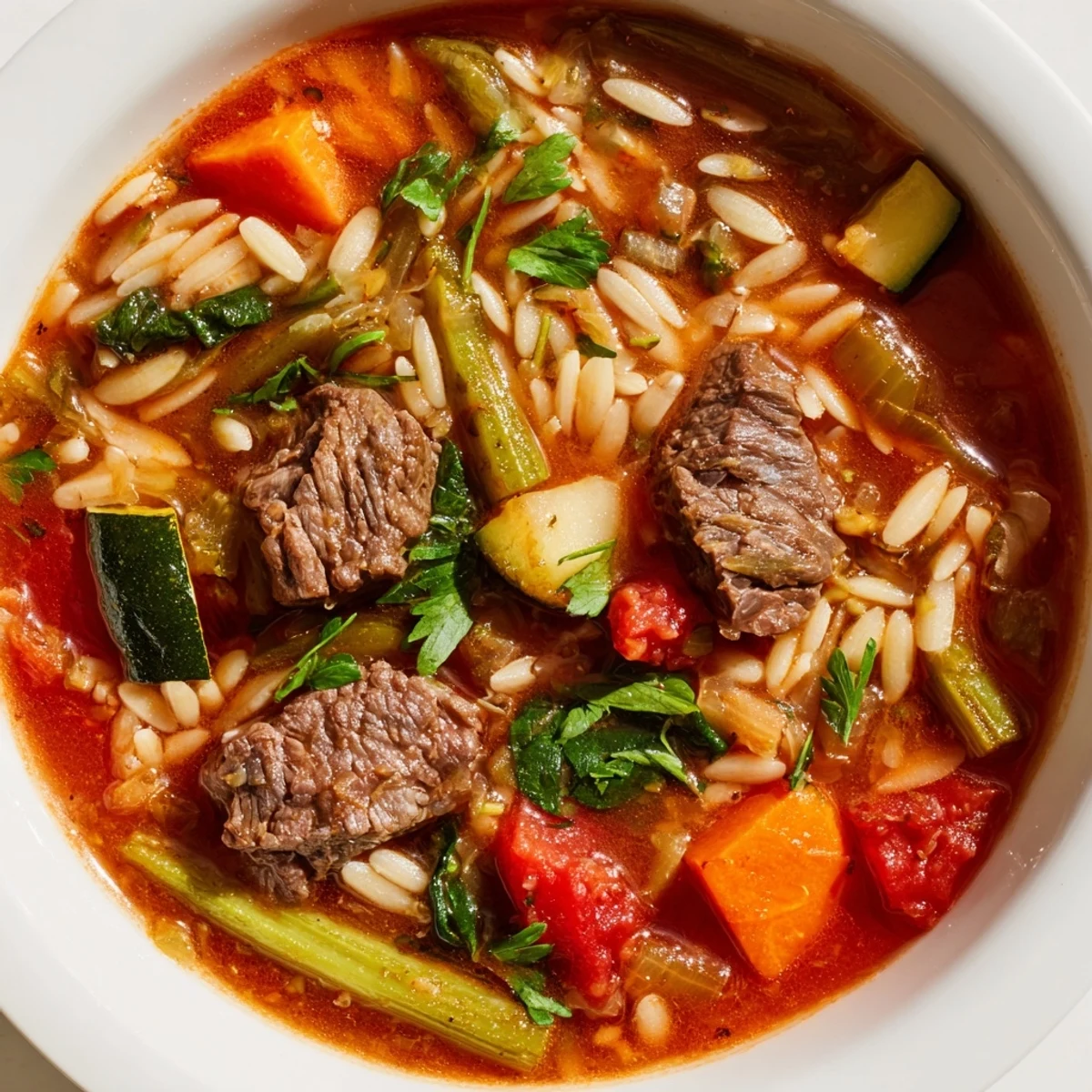 Hearty beef and orzo soup garnished with fresh parsley in a rustic bowl