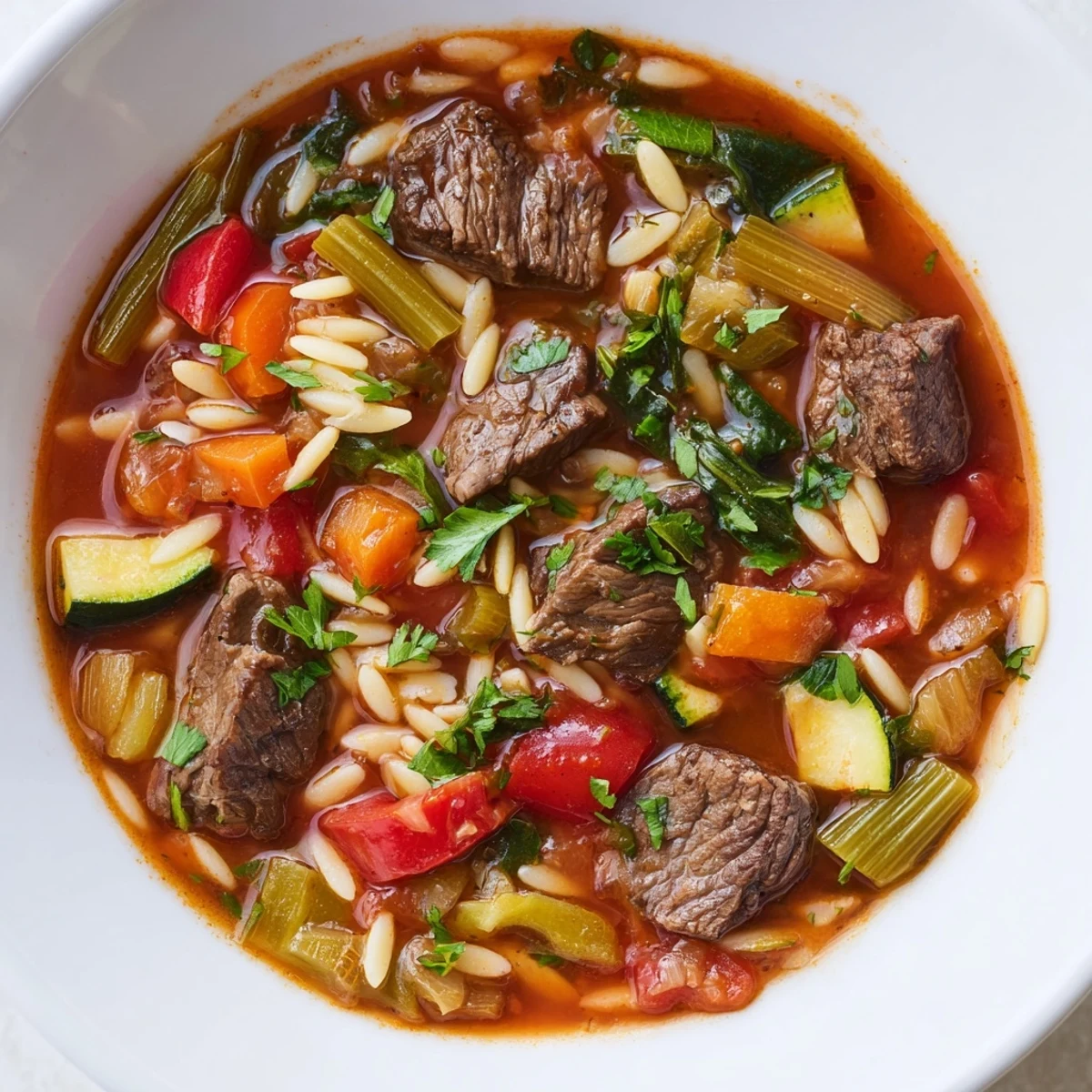 A steaming bowl of hearty beef and orzo soup brimming with colorful garden vegetables