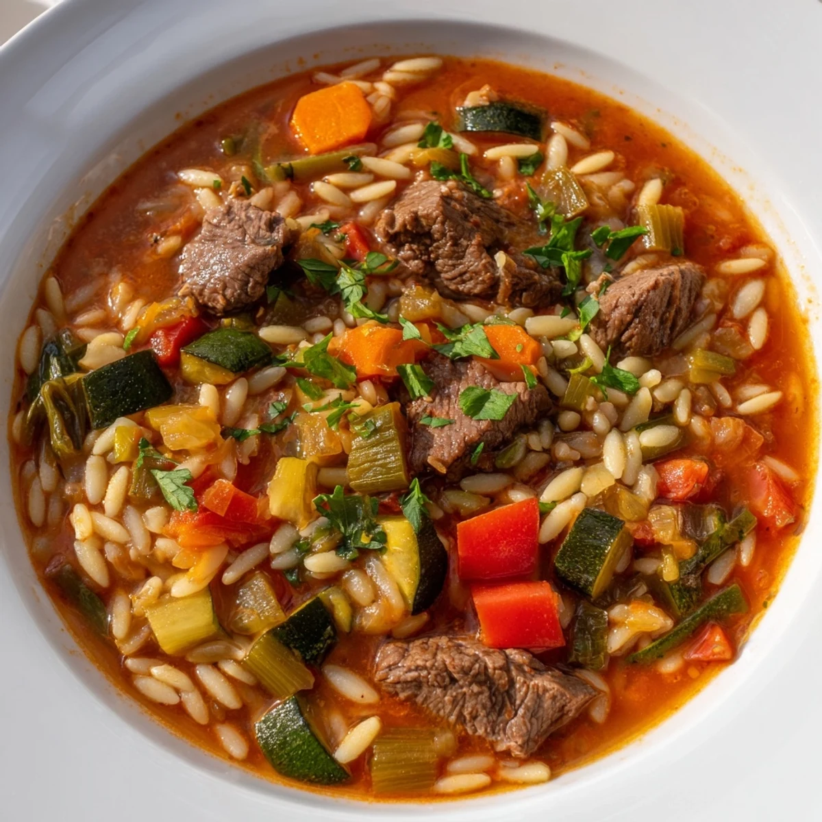Tender beef chunks and orzo pasta in savory broth with vibrant sliced vegetables