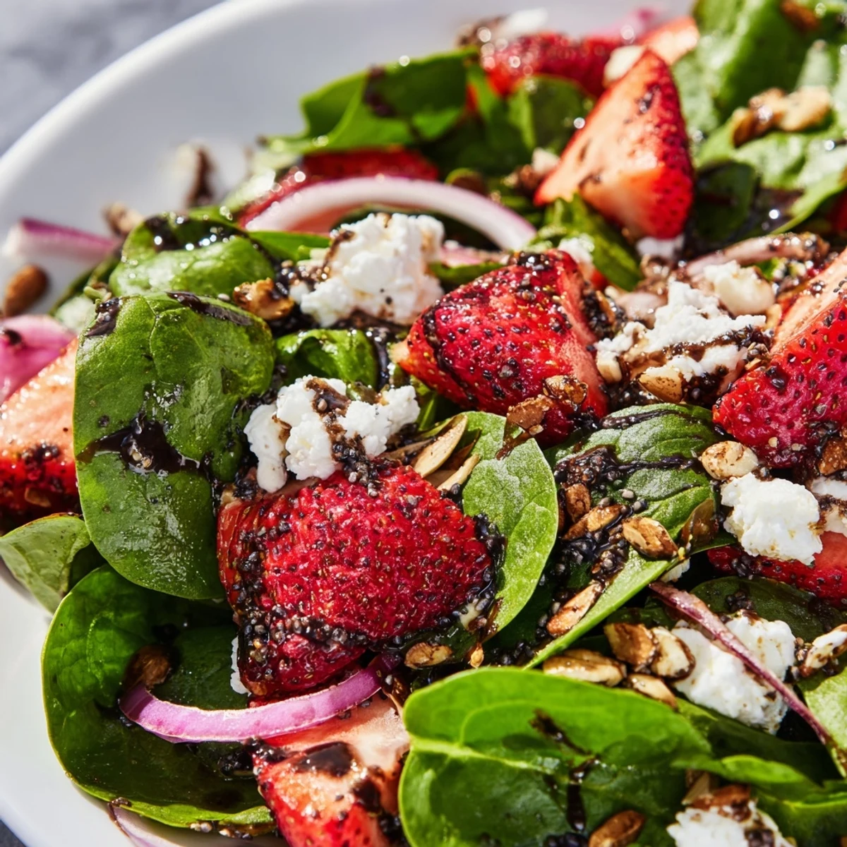 Bright spinach leaves tossed with sliced strawberries and creamy feta in poppy seed vinaigrette