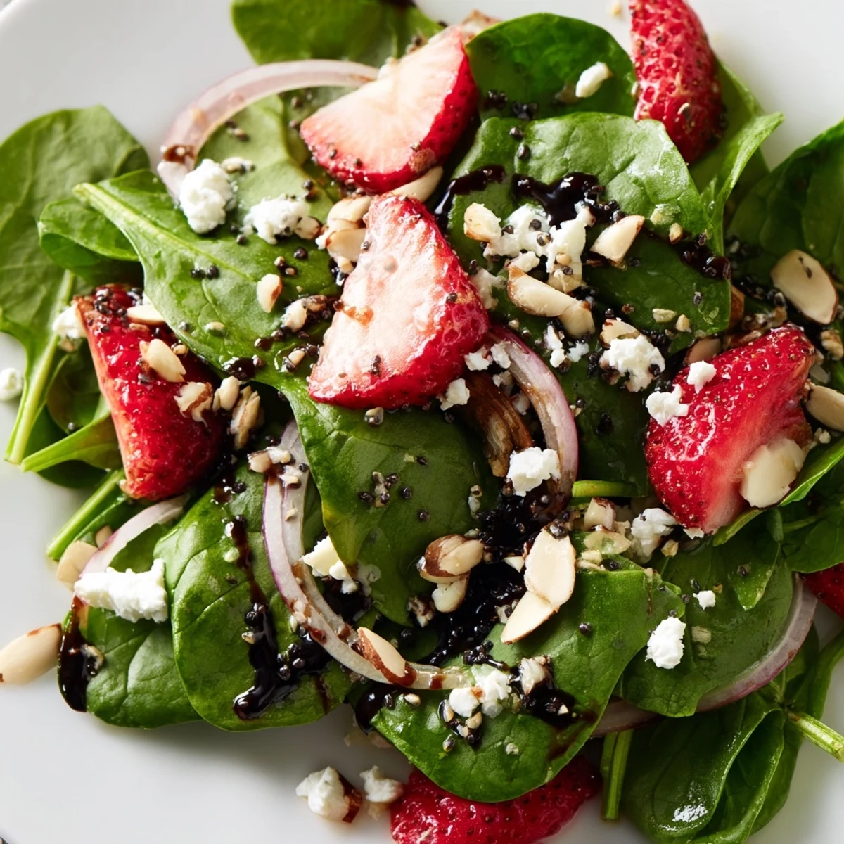 Fresh strawberry spinach salad topped with crumbled feta and drizzled with balsamic dressing