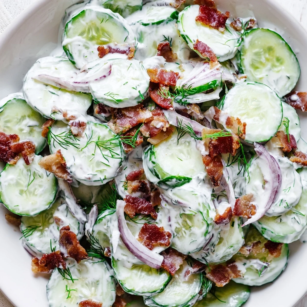 Healthy cucumber salad with smoky crumbled bacon and fresh dill in creamy dressing