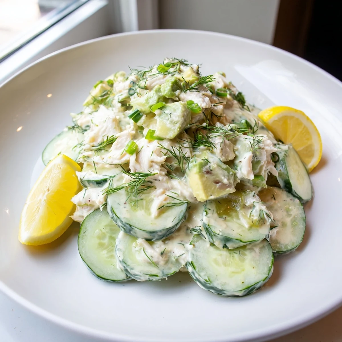 Creamy cucumber salad with crab meat topped with fresh dill and lemon wedges