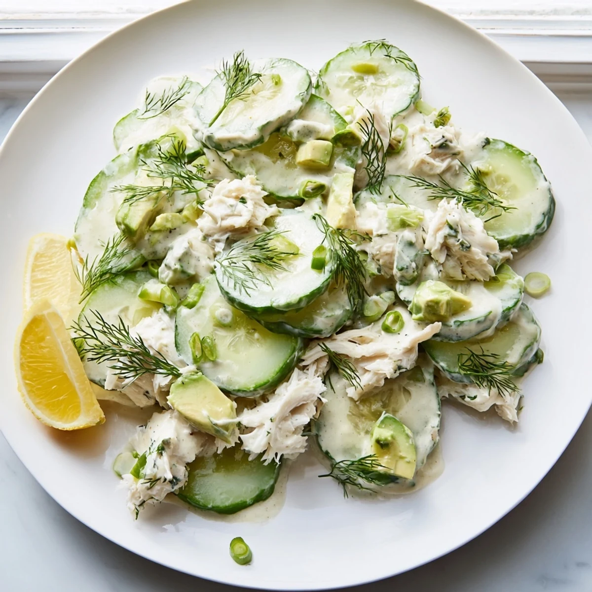 Chilled cucumber salad with crab meat in tangy dressing served in white bowl