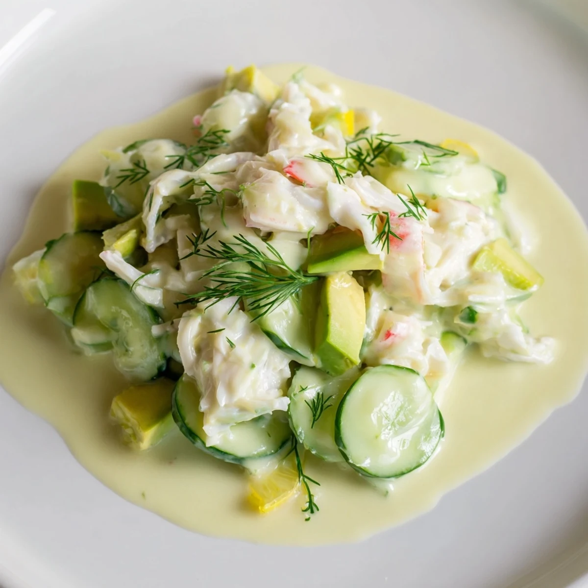 Crisp sliced cucumbers and lump crab meat tossed in light creamy herb dressing