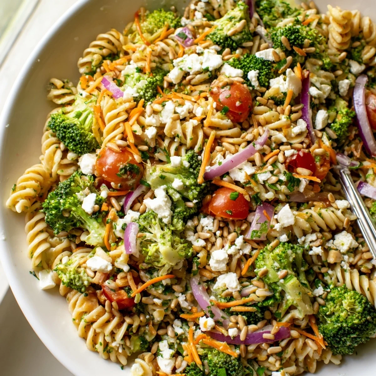 Fresh broccoli pasta salad in a white bowl topped with crumbled feta and sunflower seeds