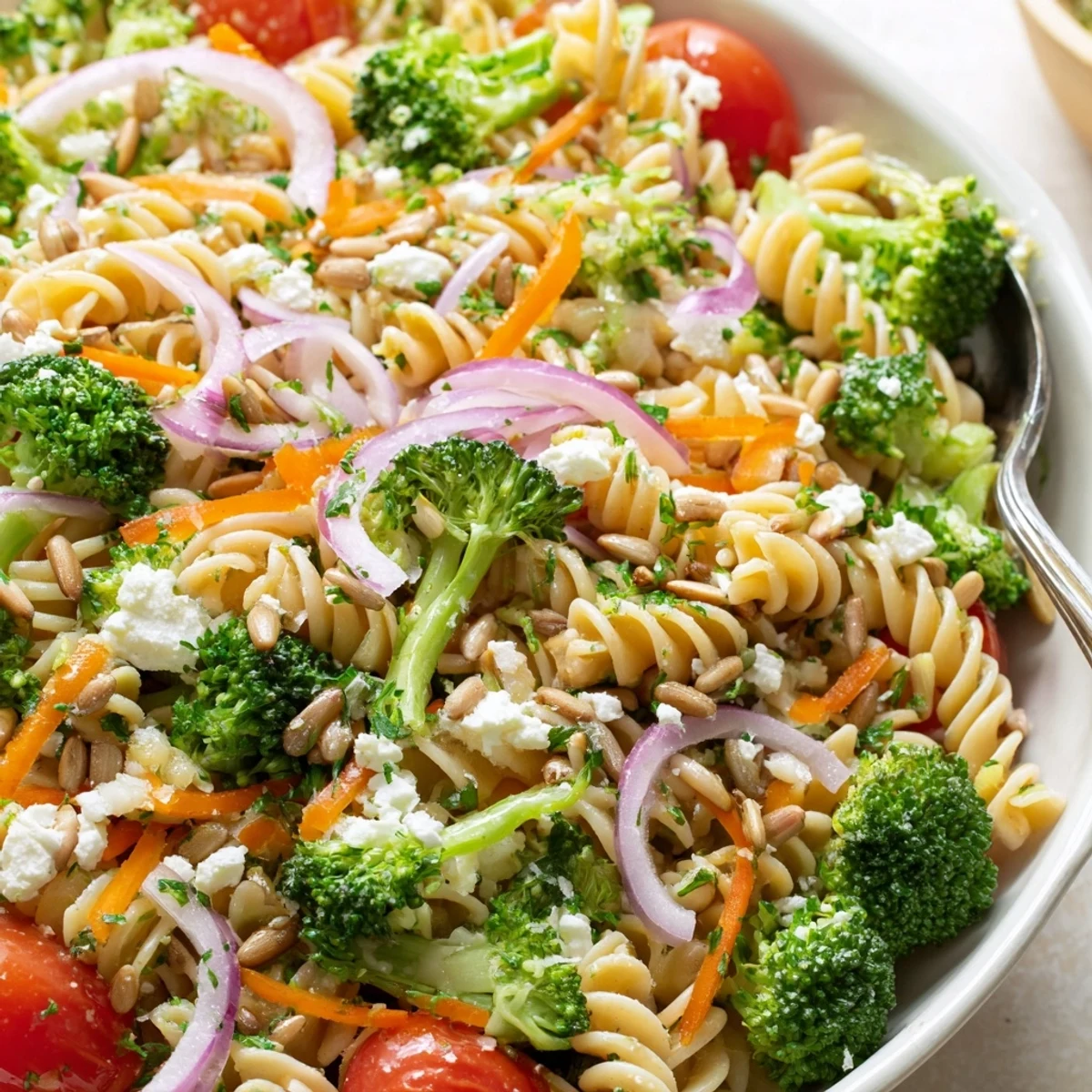Colorful broccoli pasta salad featuring cherry tomatoes, red onion, and zesty lemon herb dressing