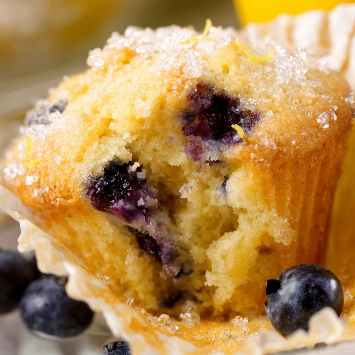 Golden lemon blueberry muffins with sparkling sugar tops on a wire rack