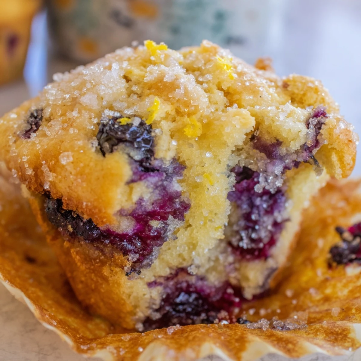 Warm lemon blueberry muffins bursting with juicy berries beside a steaming mug
