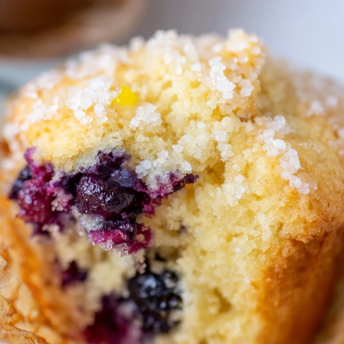 Tender lemon blueberry muffins with golden crusts arranged on a rustic linen napkin
