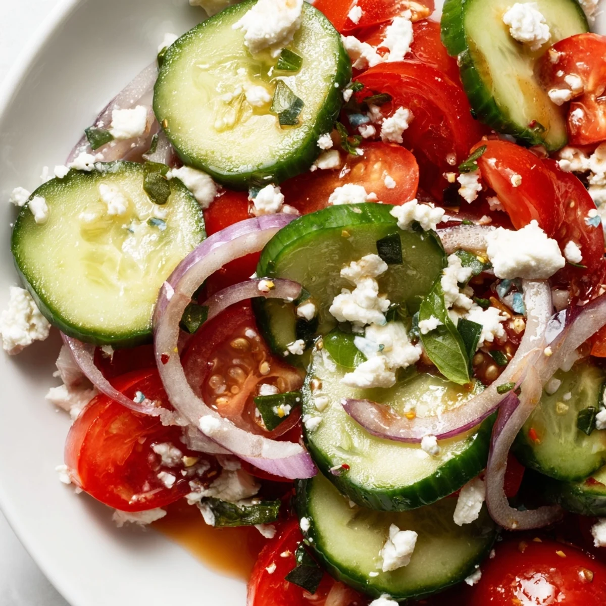 Fresh Italian cucumber salad featuring sliced cucumbers, diced tomatoes, and vibrant basil garnish