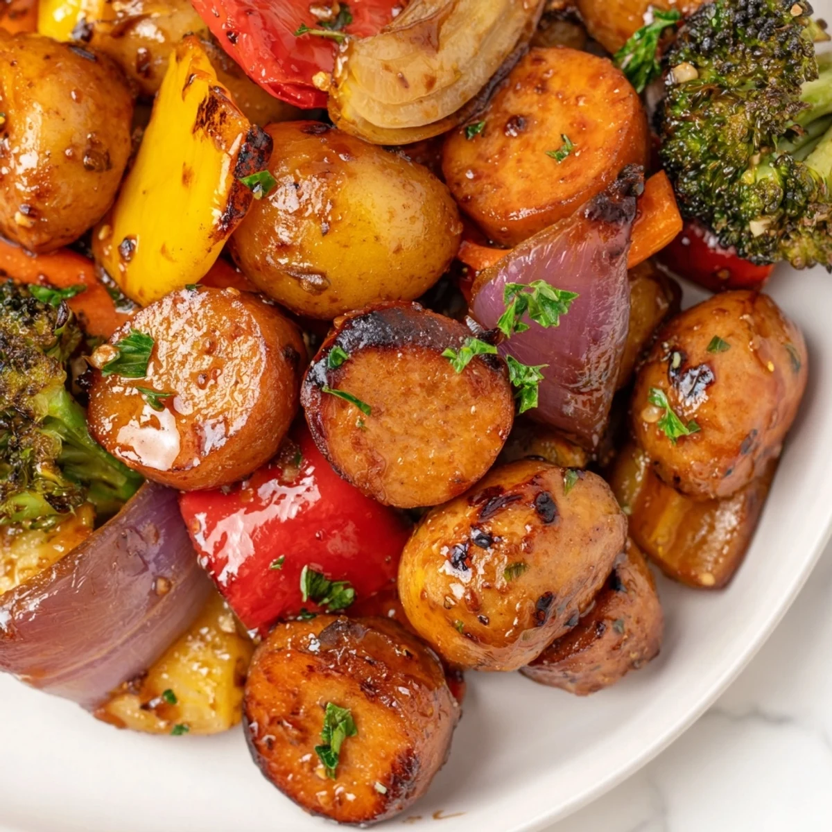 Golden honey garlic kielbasa and vegetables roasted together on a sheet pan