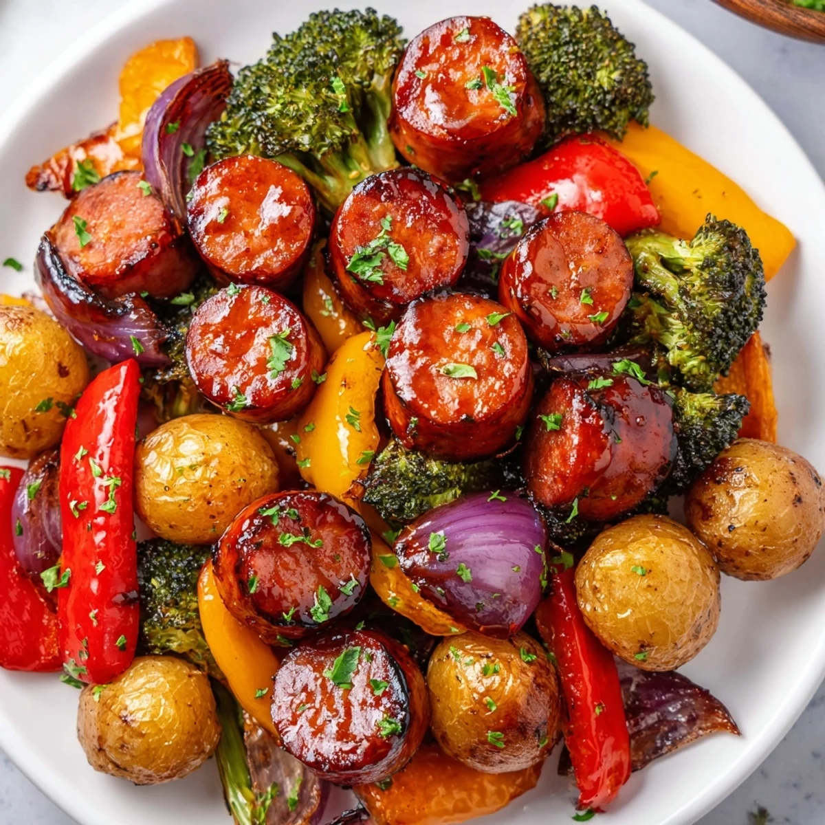 Colorful veggies and sliced kielbasa coated in sticky honey garlic glaze