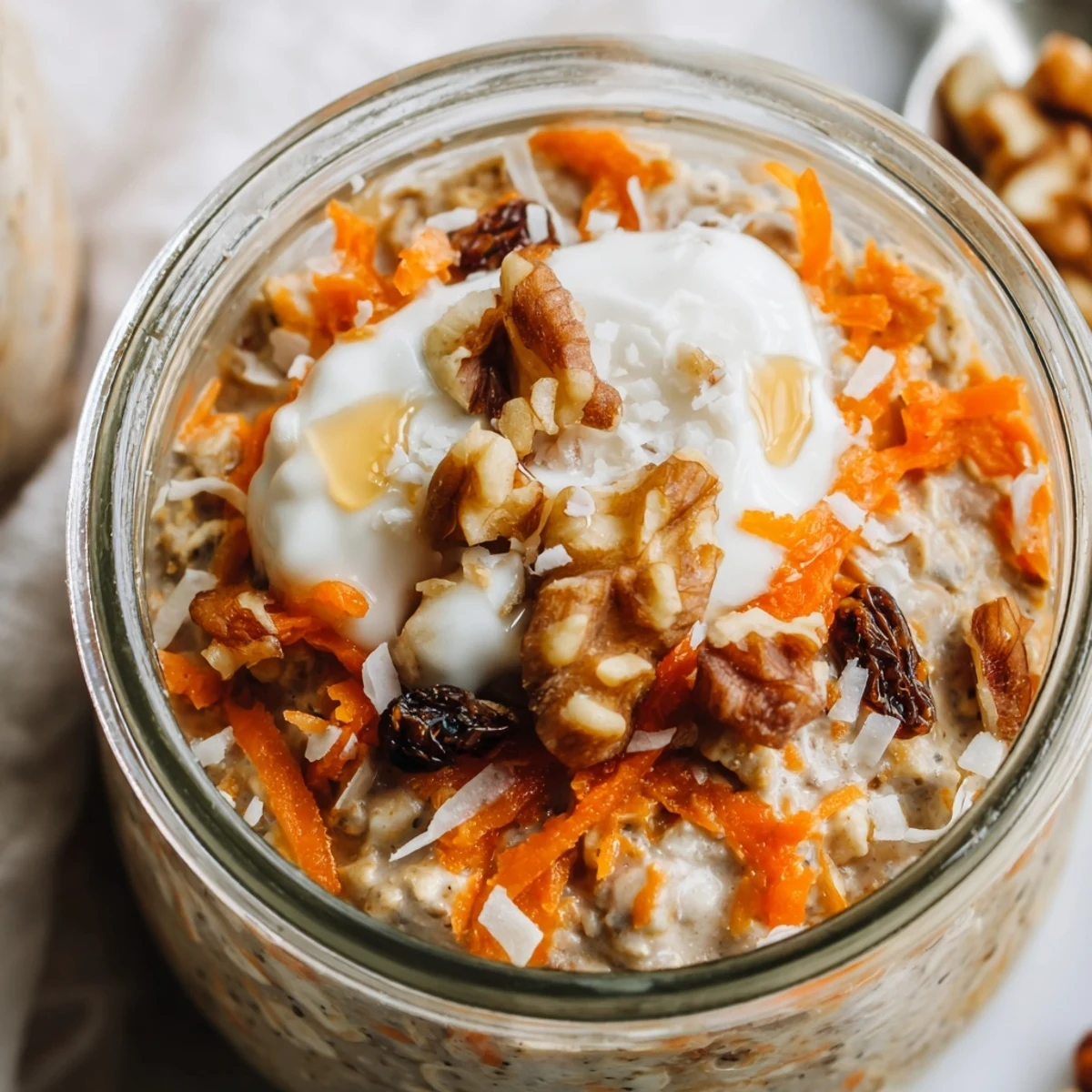 Creamy carrot cake overnight oats topped with walnuts and raisins in a glass jar