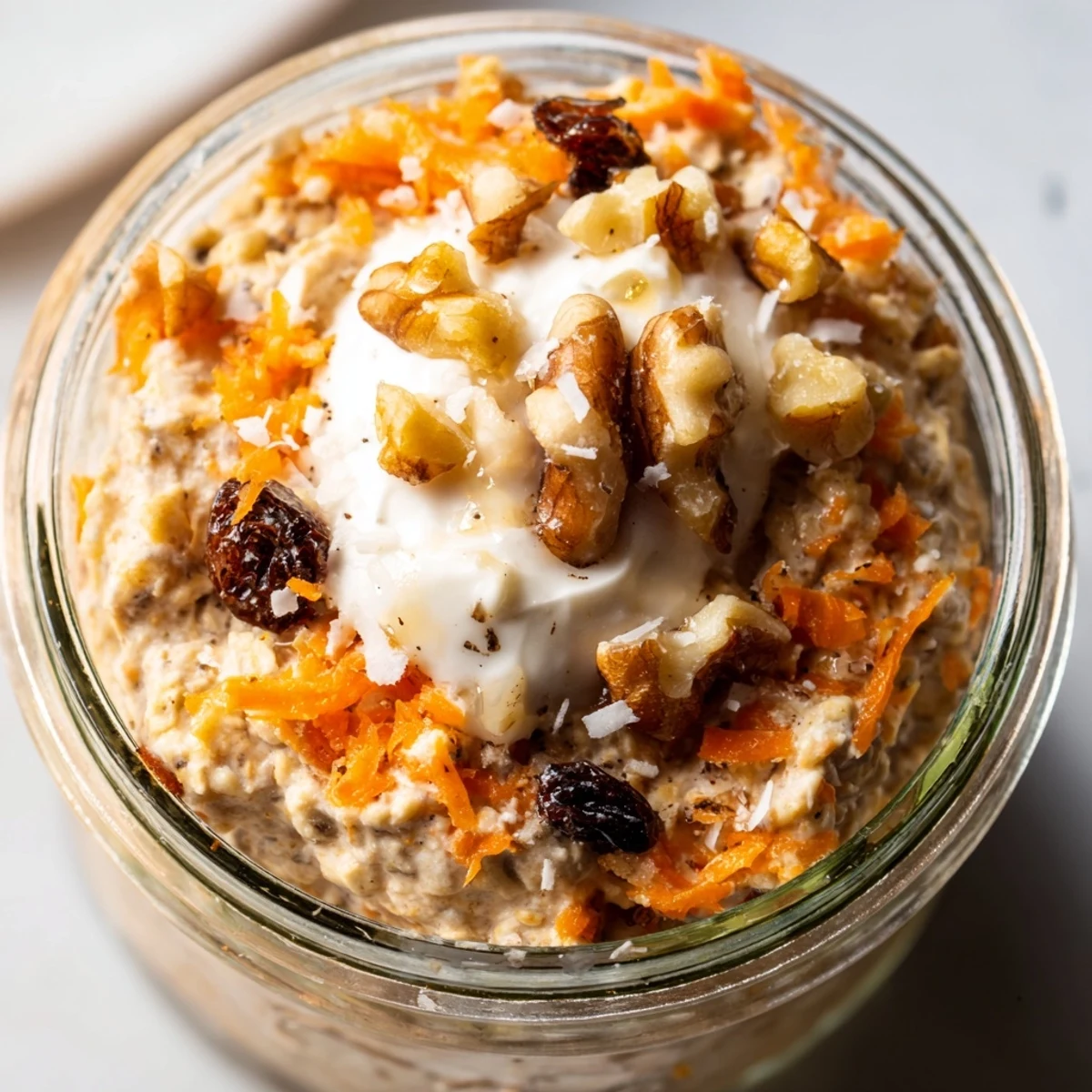 Thick carrot cake overnight oats served in mason jar with crunchy nut toppings
