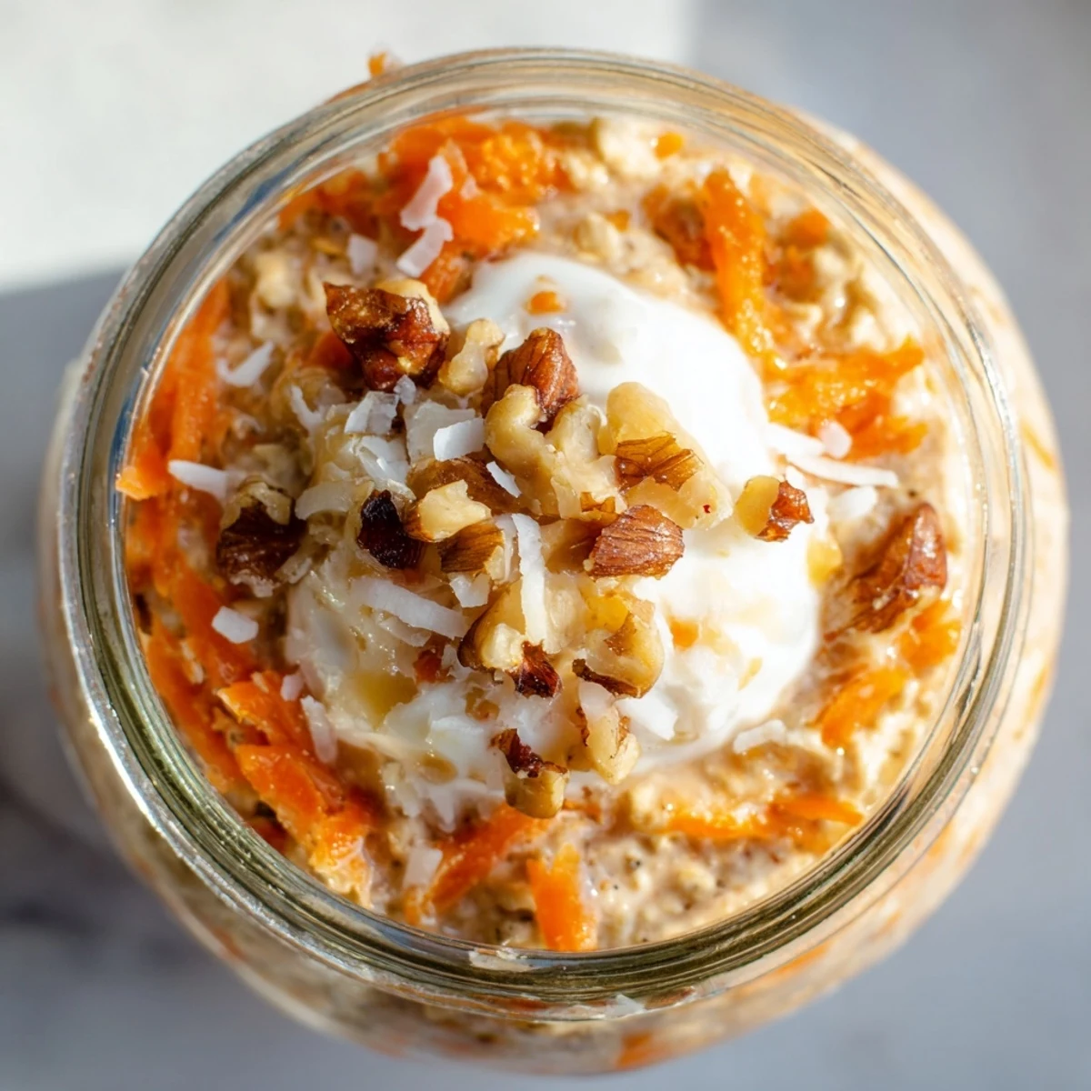 Spiced carrot cake overnight oats with visible grated carrots and a maple drizzle