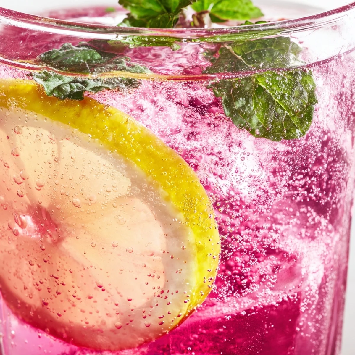 Bubbly Honey Lemon Pink Soda served over ice with fresh mint and lemon slices