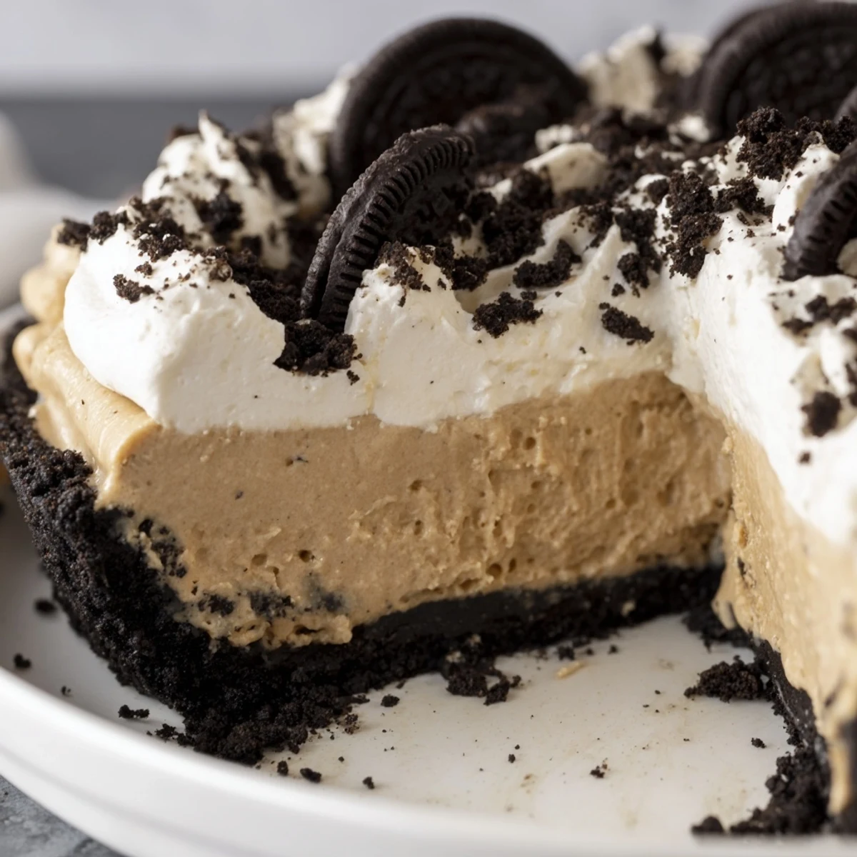Creamy peanut butter Oreo pie with fluffy whipped topping and chocolate cookie crumbles