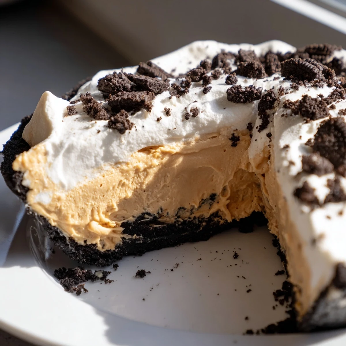 Decadent no-bake peanut butter Oreo pie sliced to reveal layers of chocolate crust