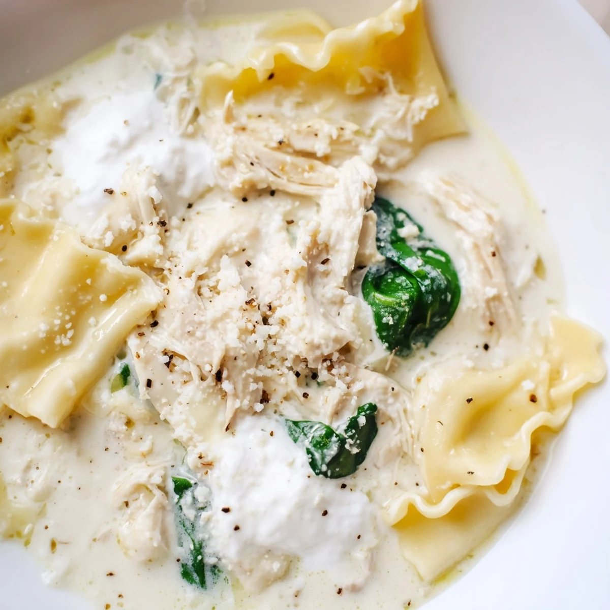 Creamy white lasagna soup in a white bowl with melted cheese and tender noodles