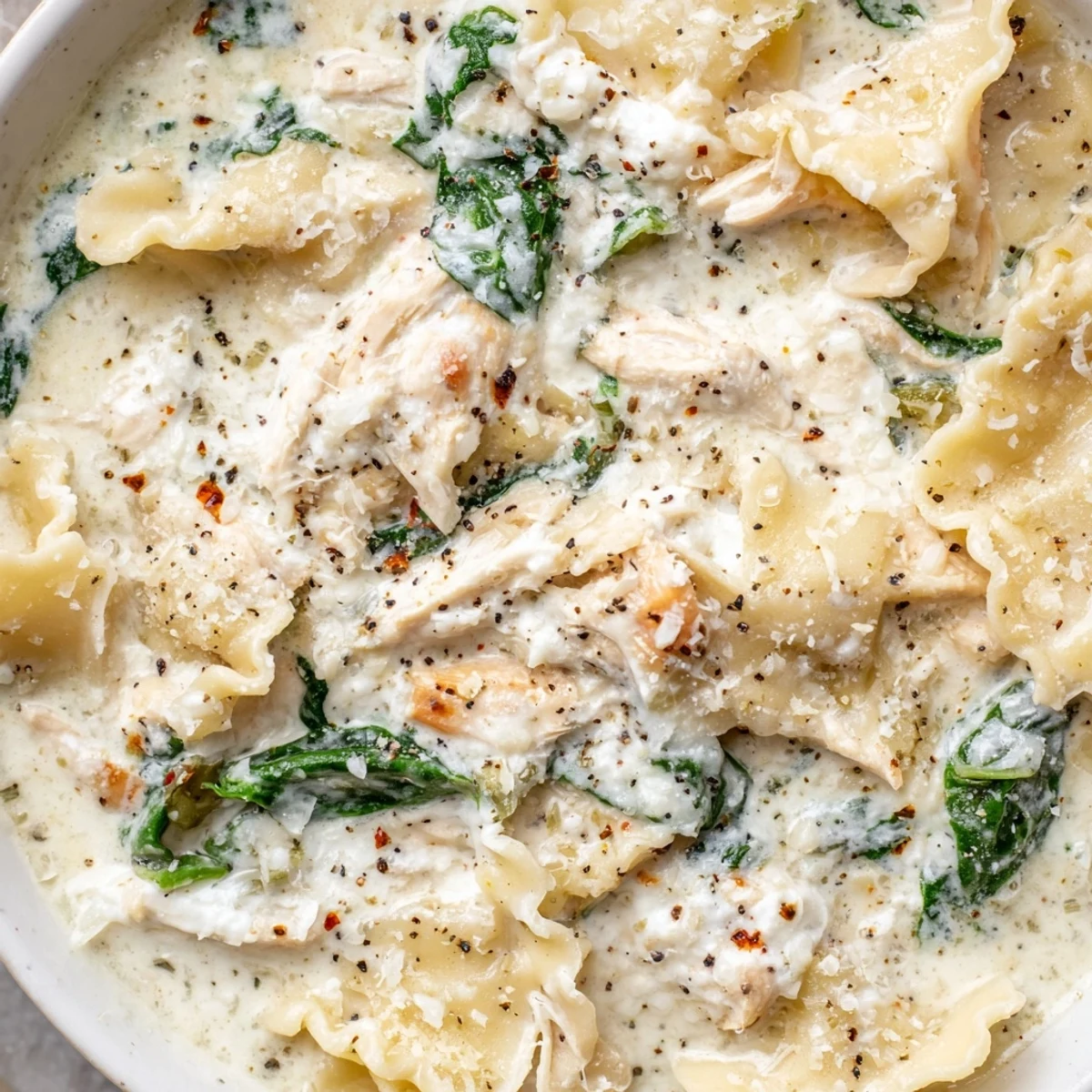 Steaming bowl of white lasagna soup topped with grated Parmesan and cracked pepper