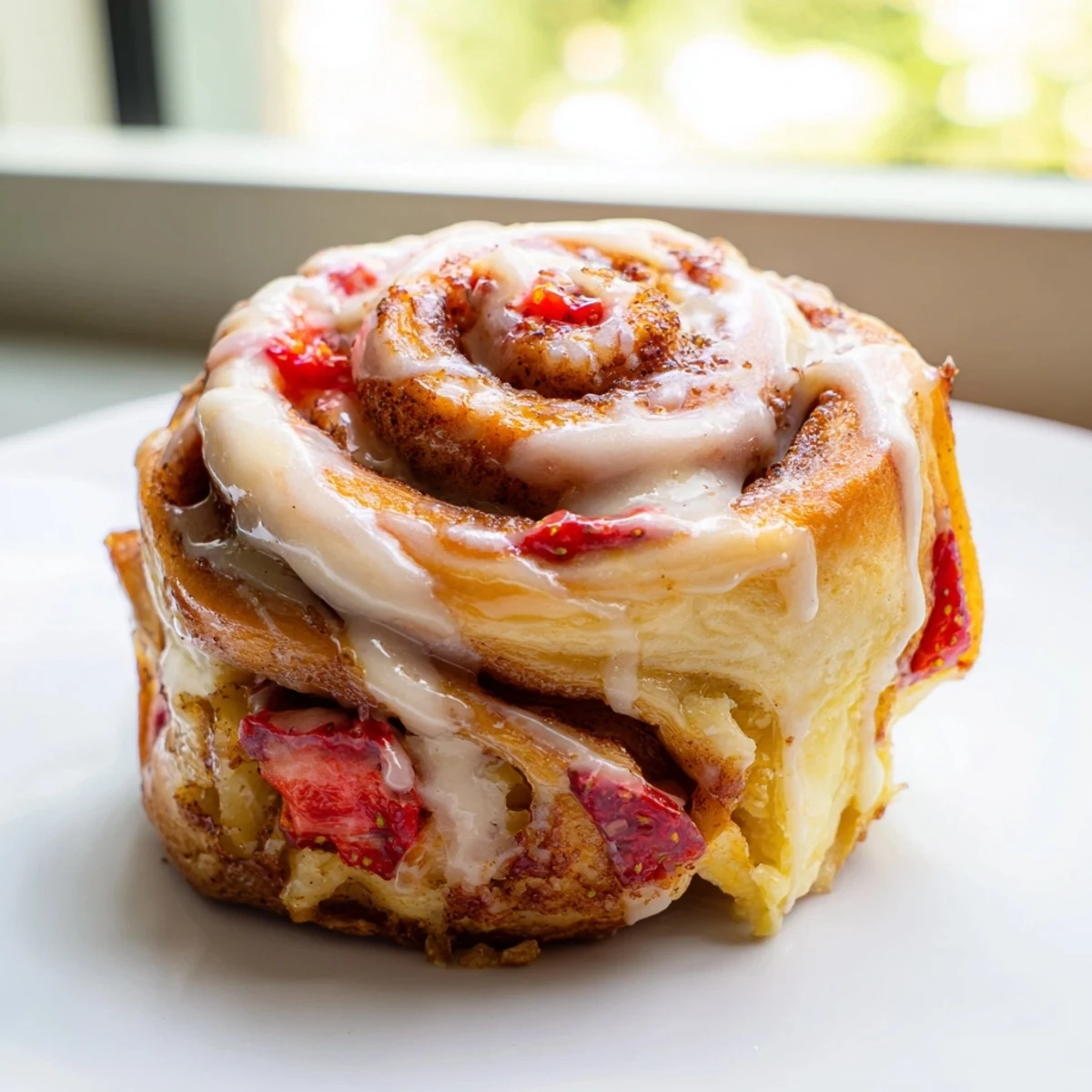 Golden Strawberry Cheesecake Cinnabon Rolls drizzled with creamy vanilla glaze on a white plate